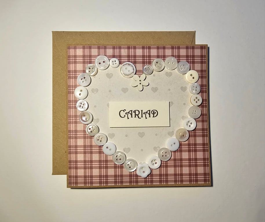 Cariad Welsh Square Button Heart Card Size 5" x 5" (12.5cm x 12.5cm)