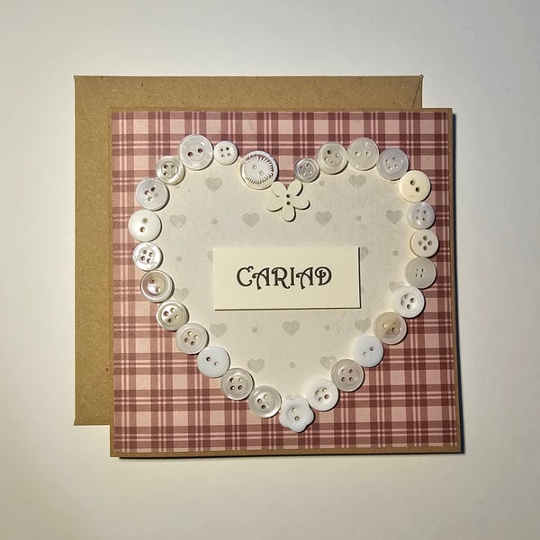 Cariad Welsh Square Button Heart Card Size 5" x 5" (12.5cm x 12.5cm)