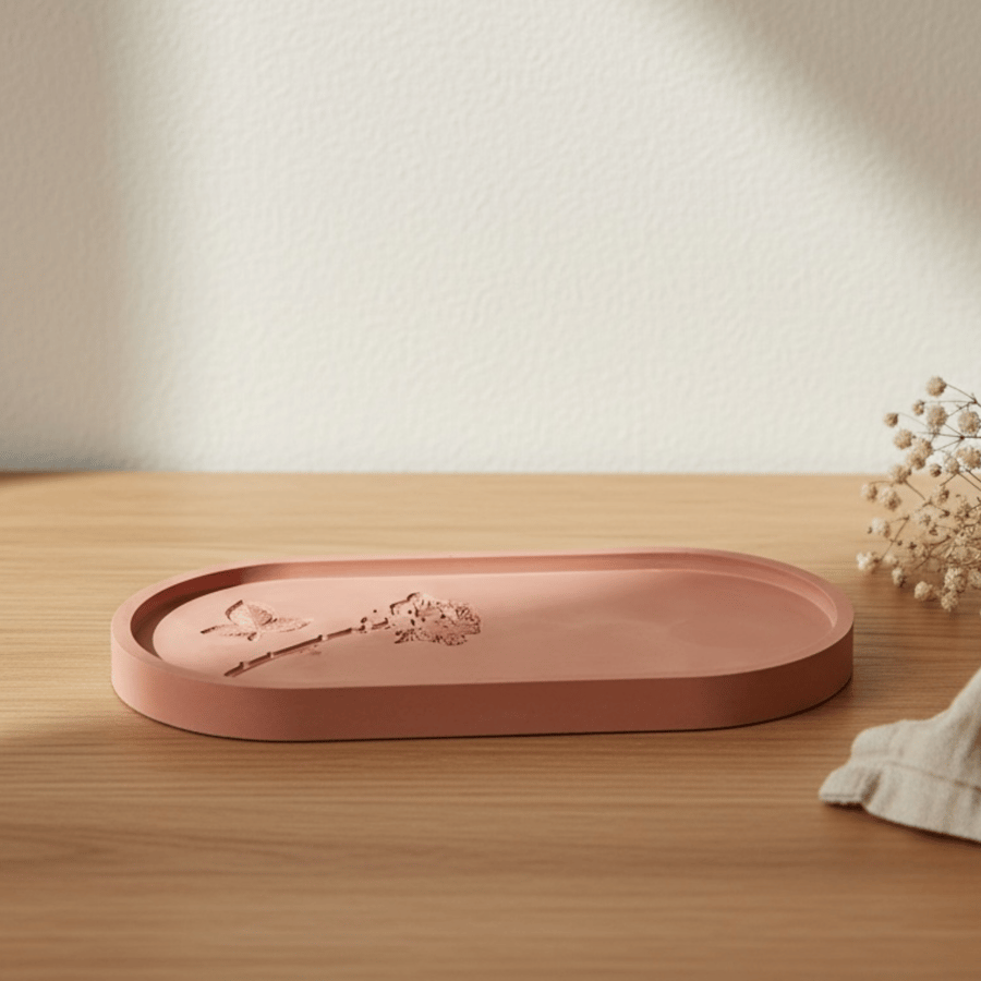 Light Terracotta Coloured Large Oval Decorative Tray With Floral Imprints 