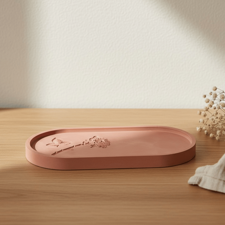 Light Terracotta Coloured Large Oval Decorative Tray With Floral Imprints 