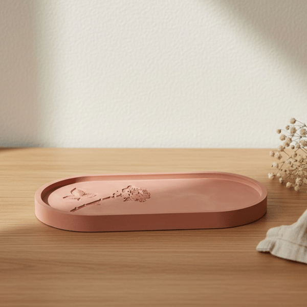 Light Terracotta Coloured Large Oval Decorative Tray With Floral Imprints 