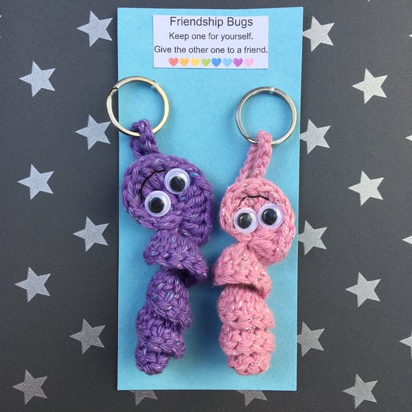Purple And Pink Crochet Friendship Bug Keyring, Best Friend Gift