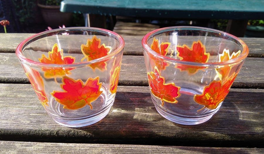Pair of 'Autumn leaves' tealight holders. Hand painted gift