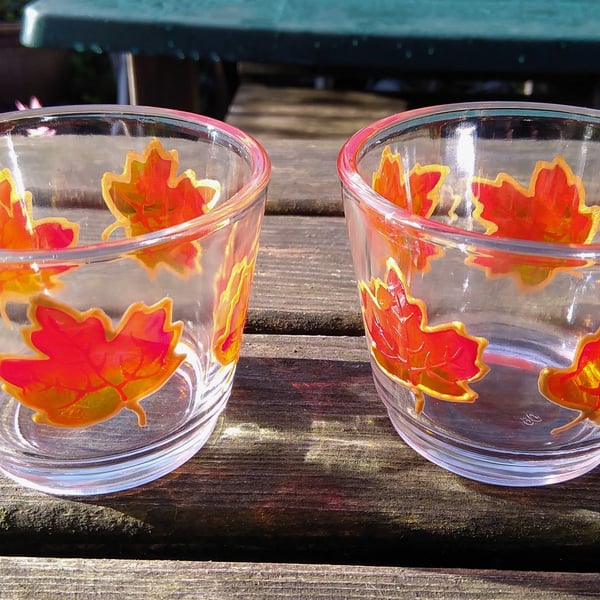 Pair of 'Autumn leaves' tealight holders. Hand painted gift