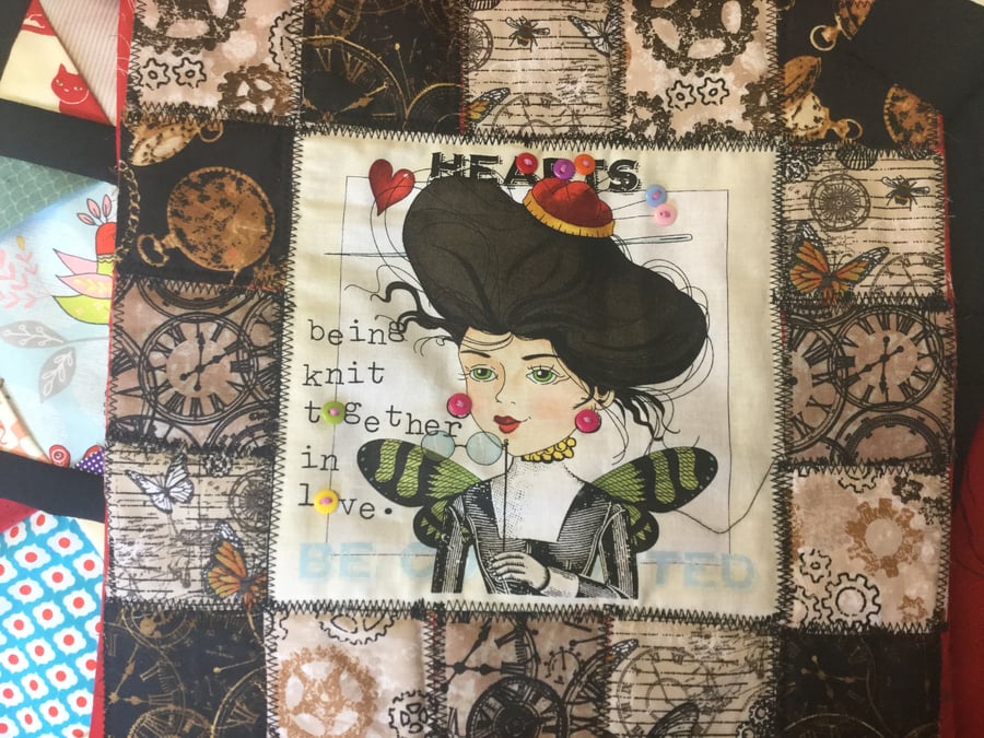 Steam Punk Style Patchwork Cushion Cover - Hearts and Butterflies