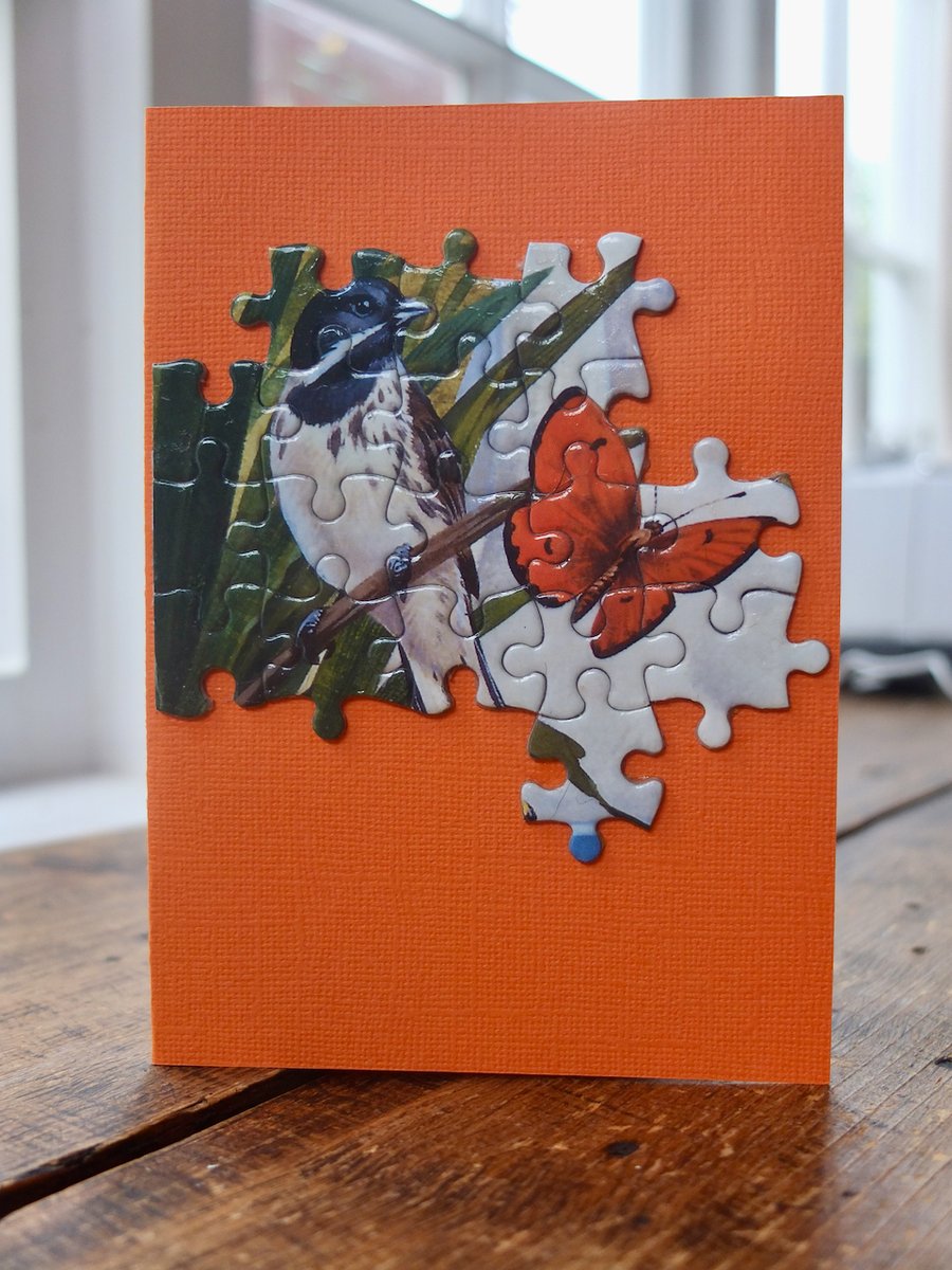 Jigsaw Puzzle Greetings Card - Reed Bunting Bird and Large Copper Butterfly