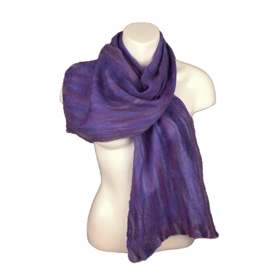 Scarf, silk chiffon nuno felted with merino wool in purple