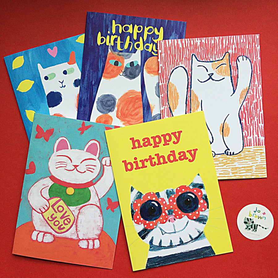 5 Cat Greetings Card set by Jo Brown- assorted multipack 