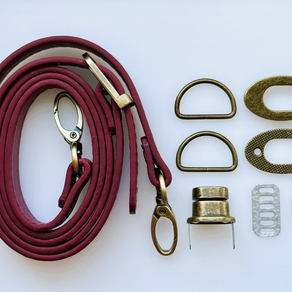 Dark Red Turn-Lock Clasp & Strap Hardware Kit for Making a Felt Bag on a Ball