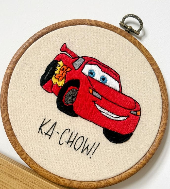 Lightning McQueen Embroidery Hoop Art – Handmade Cars Inspired Nursery & Kids Wa