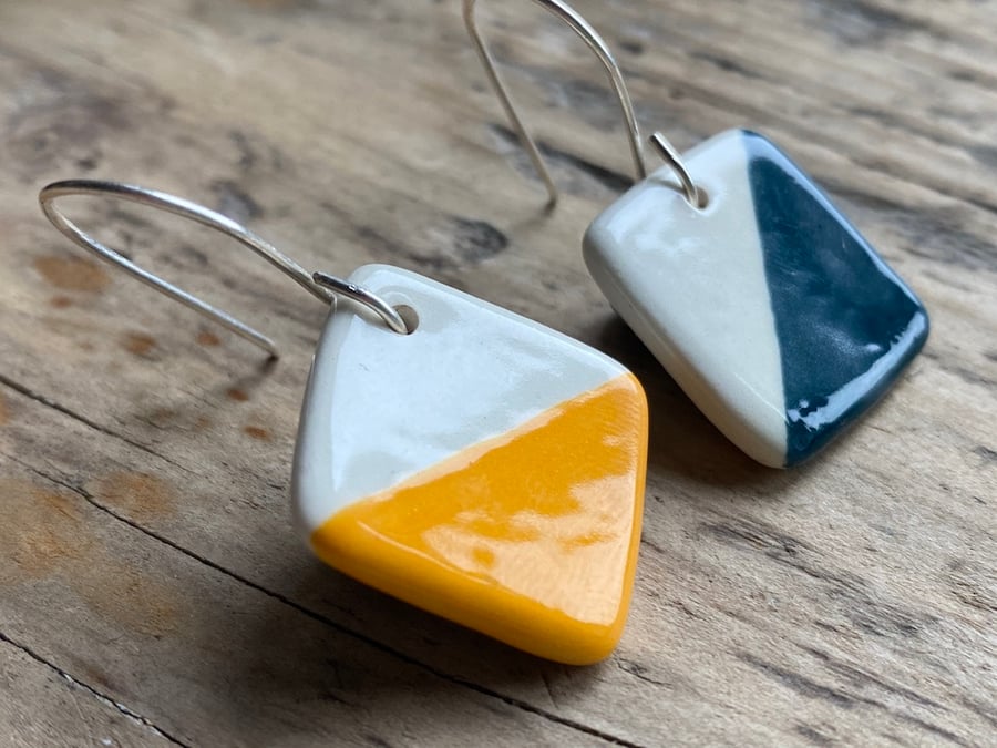 Handmade Ceramic Mismatched Sterling Silver Dangly Earrings