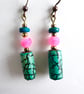 Green, pink and blue beaded earrings with brass style beads - Image 3