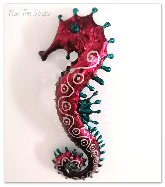 Handmade Metal Seahorse Wall Art, Bordeaux pink and Turquoise. 