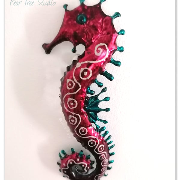 Handmade Metal Seahorse Wall Art, Bordeaux pink and Turquoise. 