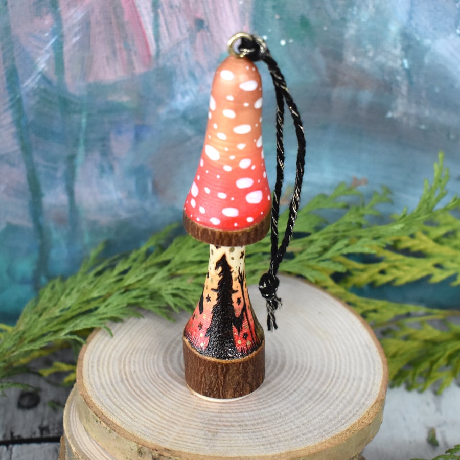 Sunset wizard and his horse. Pyrography hanging toadstool decoration.