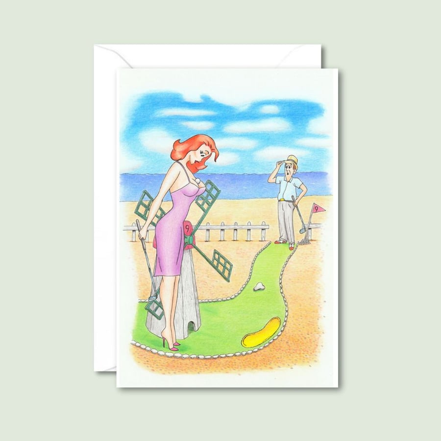 Crazy Golf Card: Funny Seaside Humour Illustration - Birthday Greetings