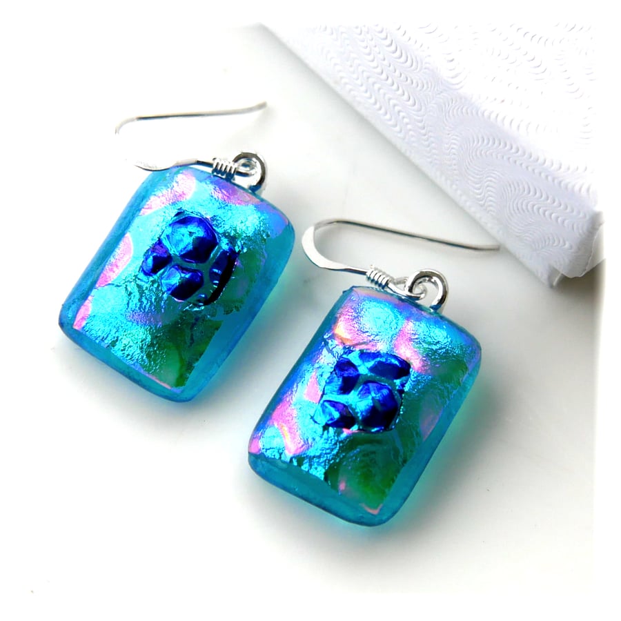 Dichroic Glass Earrings 306 Teal Bubbles Handmade Fused 