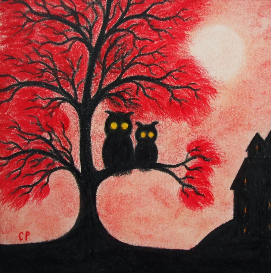 Owl Card, Red Tree Two Owls Silhouette Art Card, Halloween Art, Childrens Card