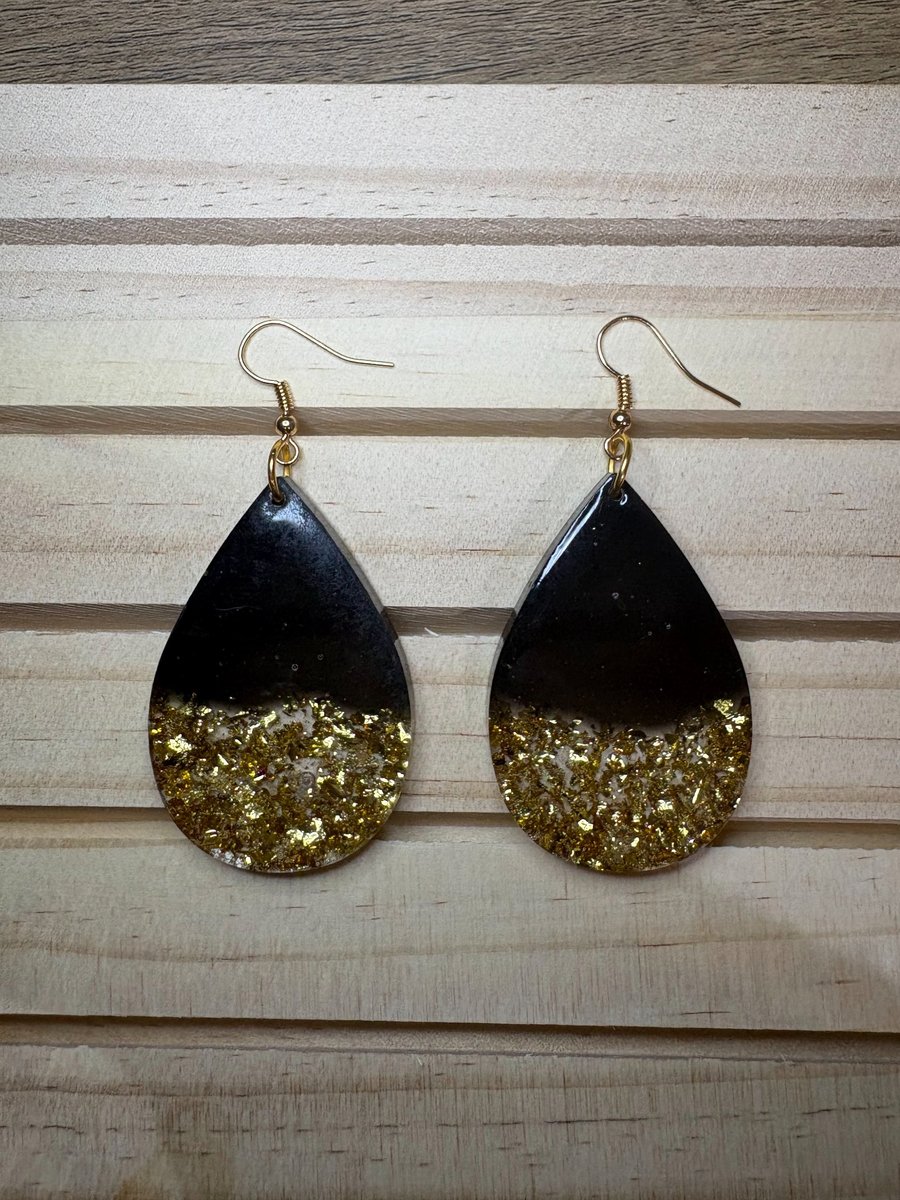 Handmade Black and Gold Glitter Resin Teardrop Dangle Statement Earrings