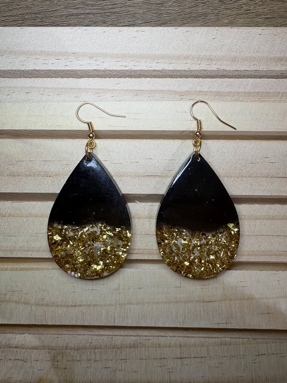 Handmade Black and Gold Glitter Resin Teardrop Dangle Statement Earrings