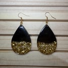 Handmade Black and Gold Glitter Resin Teardrop Dangle Statement Earrings