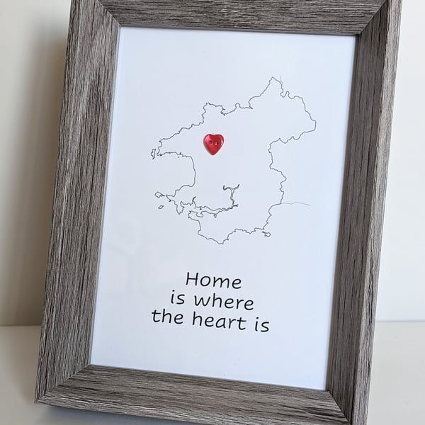 Pembrokeshire map in photo frame with heart button "Home is where the heart is"