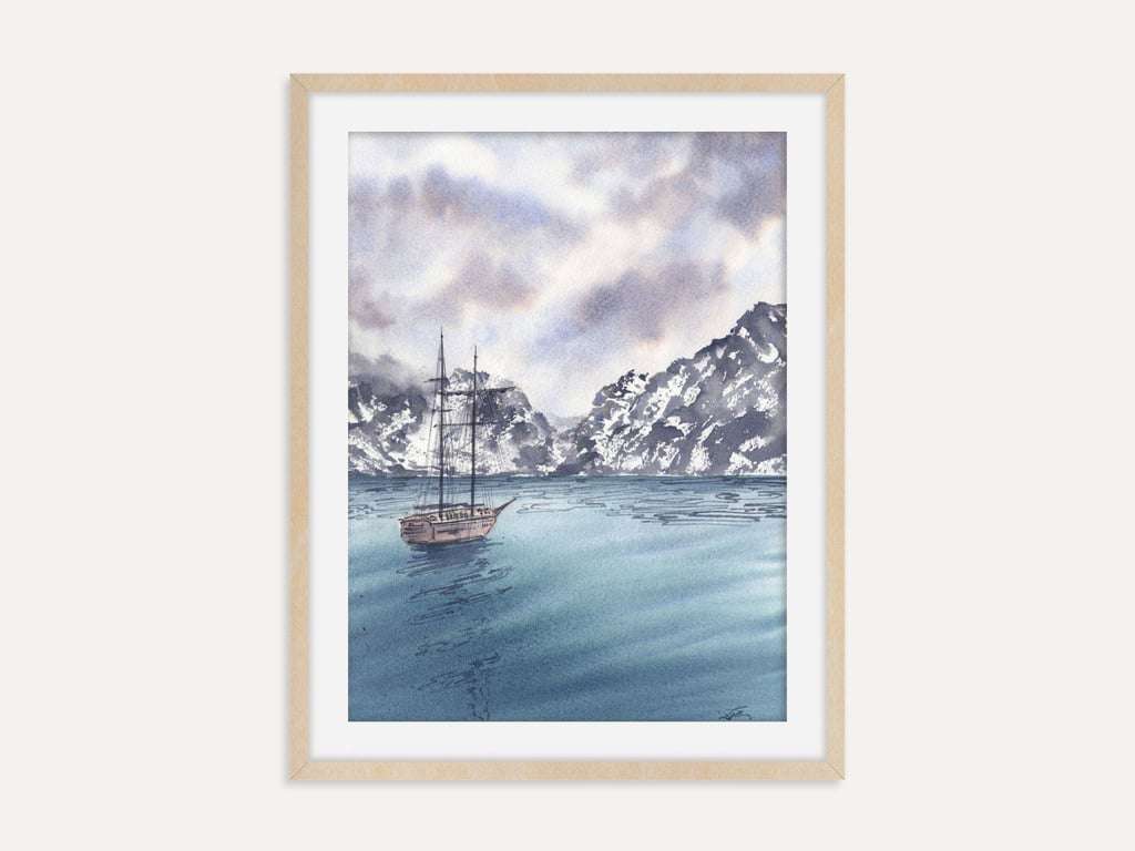 Sail Towards the Mountains Coastal Watercolor Wall Art, Nautical Seascape Decor