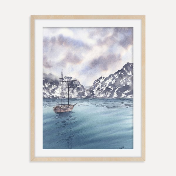 Sail Towards the Mountains Coastal Watercolor Wall Art, Nautical Seascape Decor