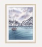 Sail Towards the Mountains Coastal Watercolor Wall Art, Nautical Seascape Decor