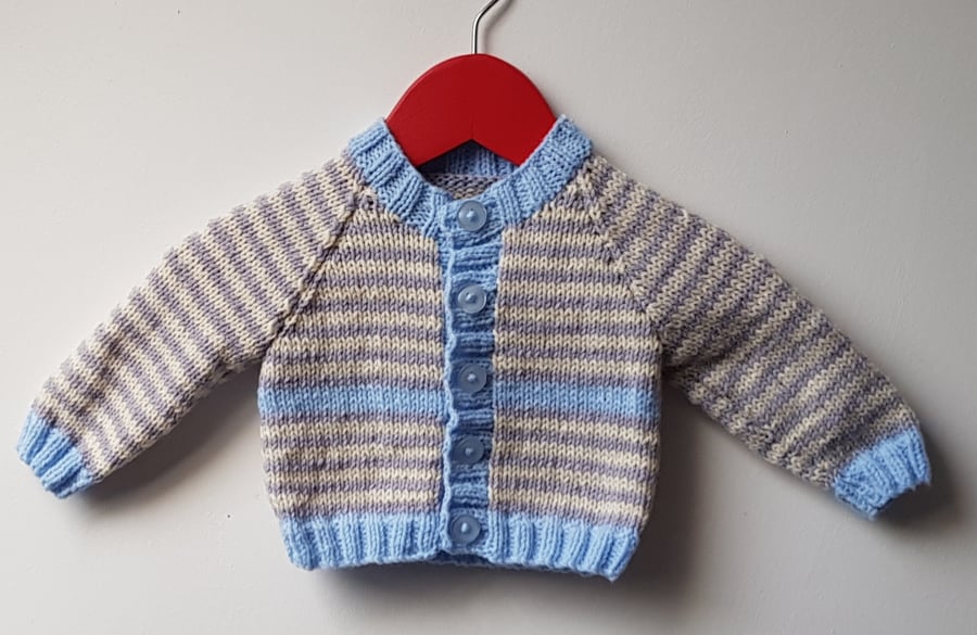 0-3 months Blue, grey and cream stripe hand knitted baby cardigan