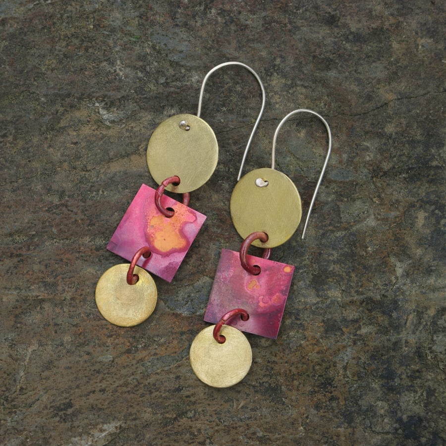 Brass Circles and  Red Copper Square Dangle earrings