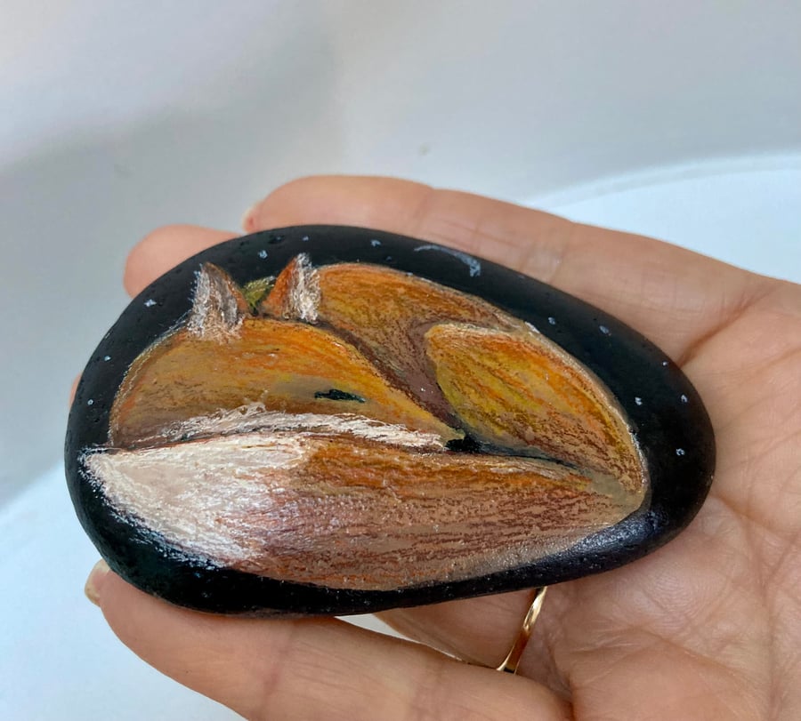 Sleepy  Fox  Hand Painted Stone Rock Art Paperweight