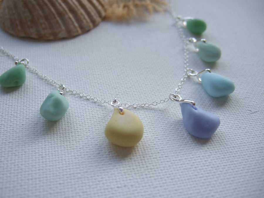 Seaham Milk Sea Glass Necklace, Sterling Silver 18" Yellow Blue Green Pastel