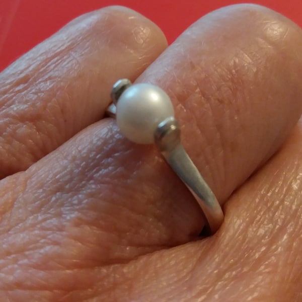 Sterling silver and pearl riveted ring