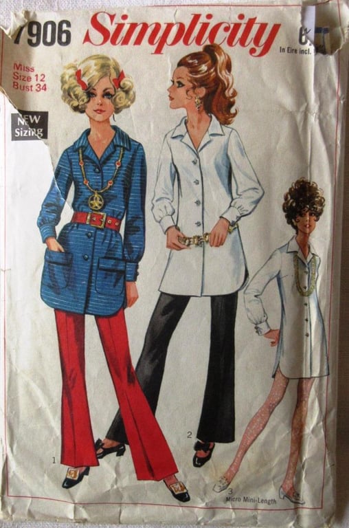 A vintage sewing pattern for a misses' shirt or mini dress and flared trousers
