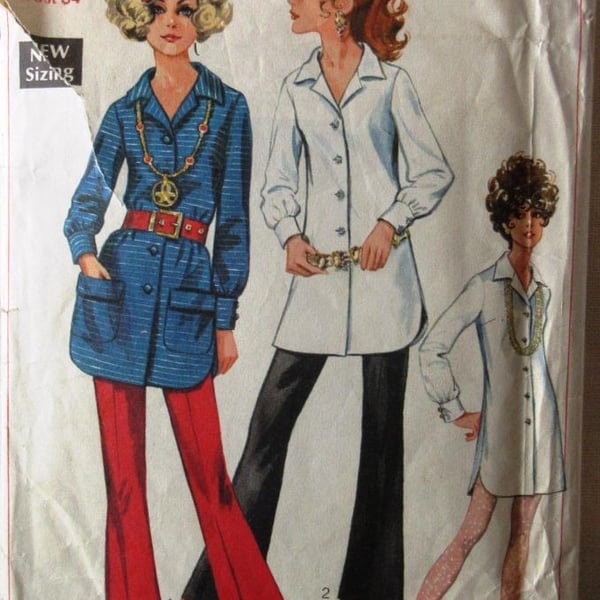 A vintage sewing pattern for a misses' shirt or mini dress and flared trousers