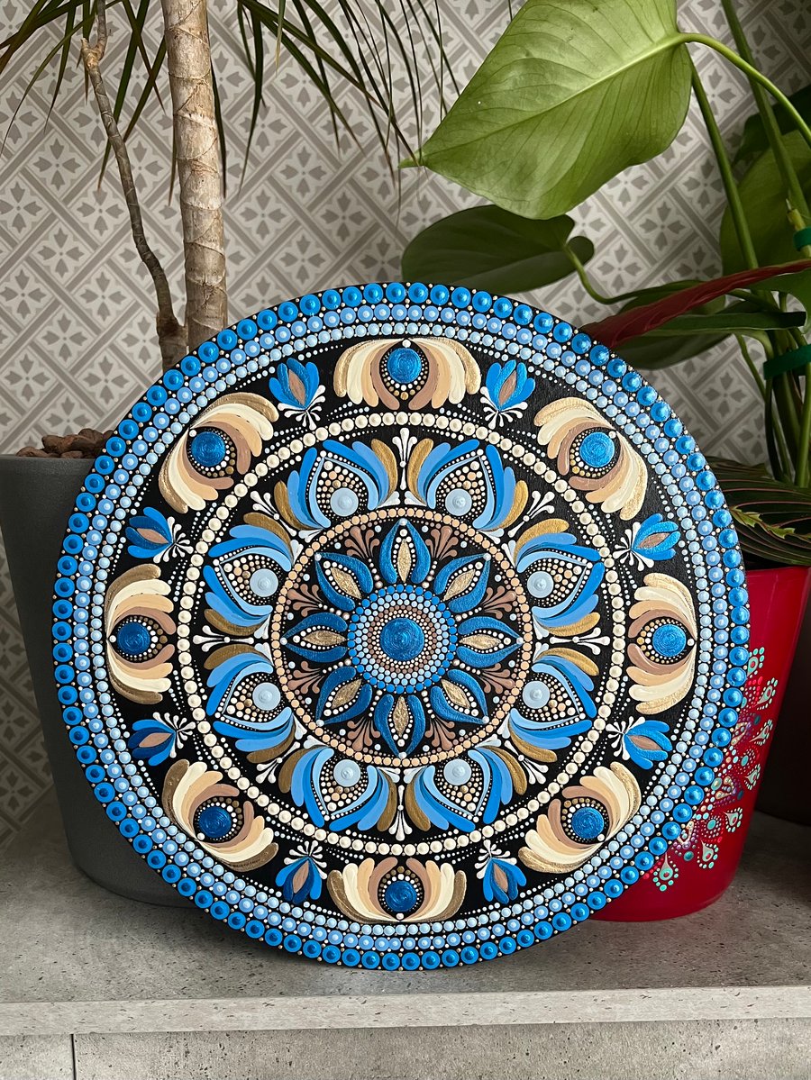 Blue-Beige Hand-Painted Wooden Mandala Wall Art