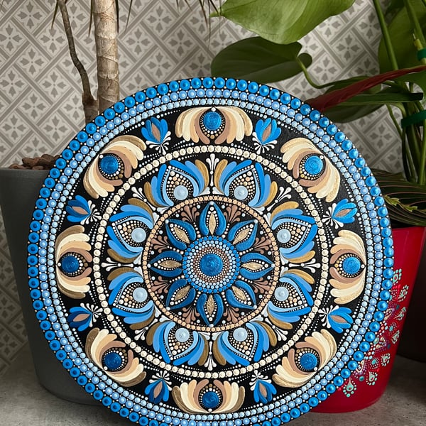 Blue-Beige Hand-Painted Wooden Mandala Wall Art