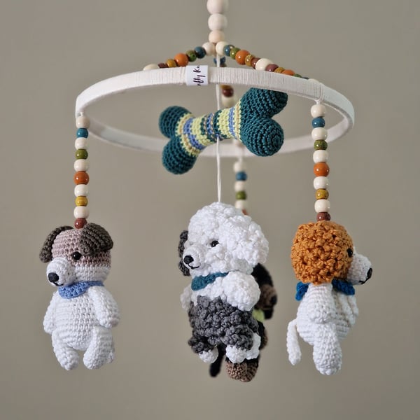 Dog Baby Mobile for Cot - Handmade Crochet Nursery Decor - Baby Shower Gift