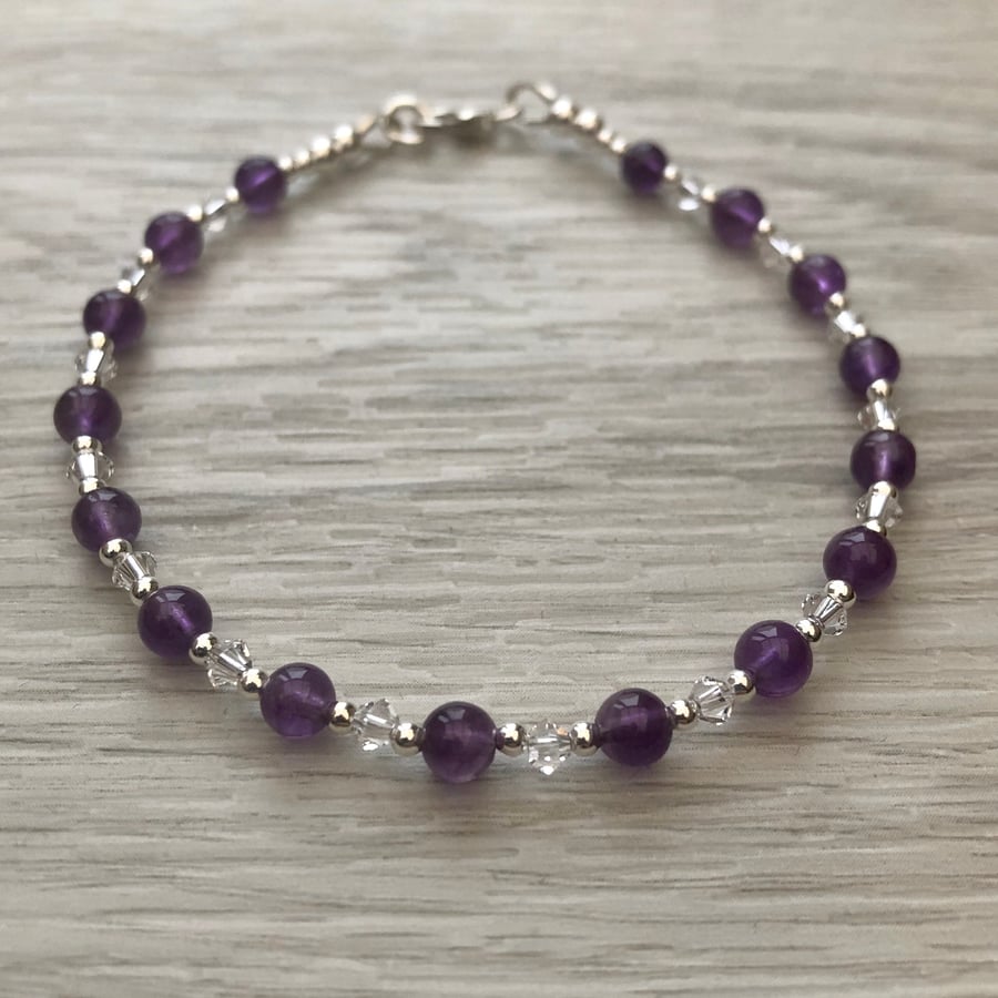 Amethyst, Swarovski Crystal  & sterling silver bracelet 