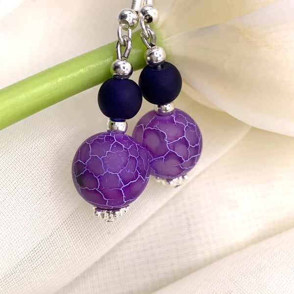 Purple lilac frosted agate and blue sea glass gemstone Earrings, Silver Plated