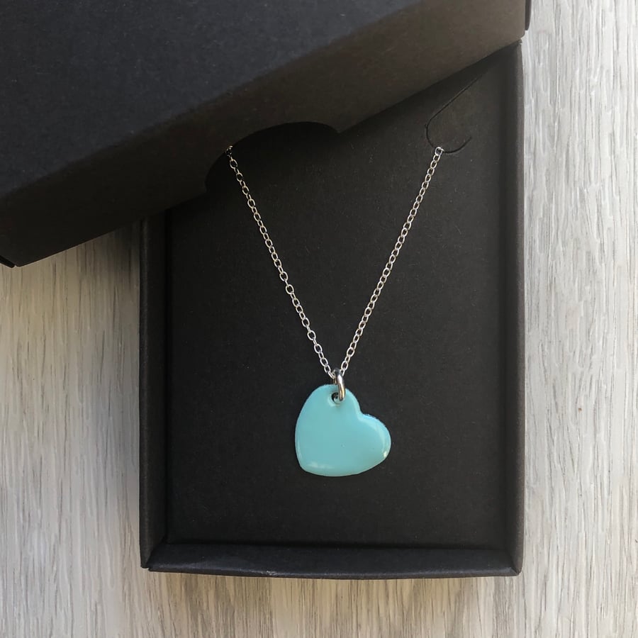 Turquoise enamel heart necklace. Sterling silver necklace 