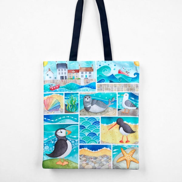 Seaside Shopping Bag - Tote Bag - Puffin, Seagull, Seal, Boats