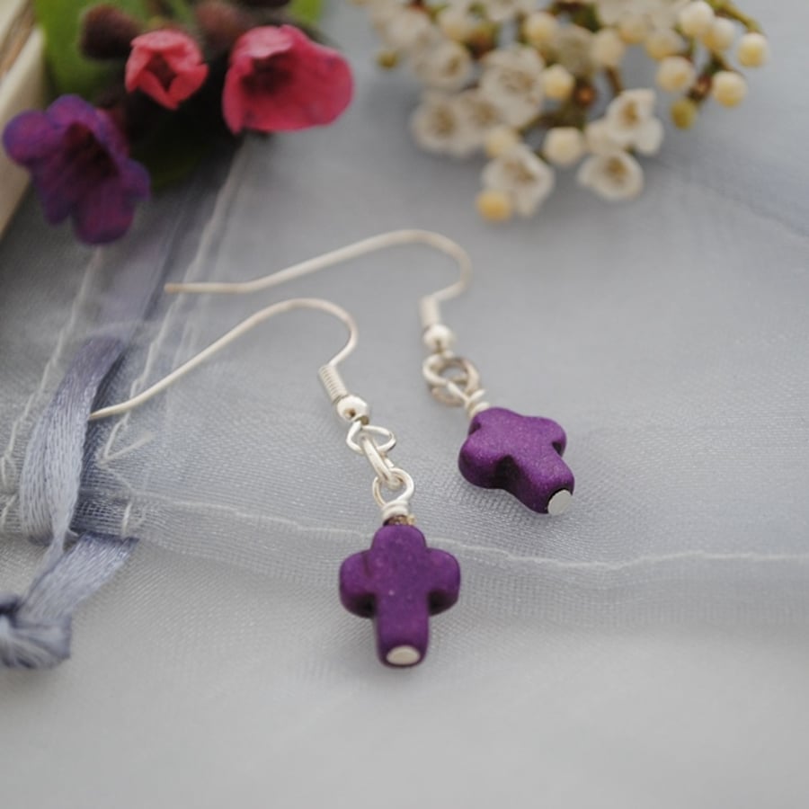 Purple howlite cross earrings
