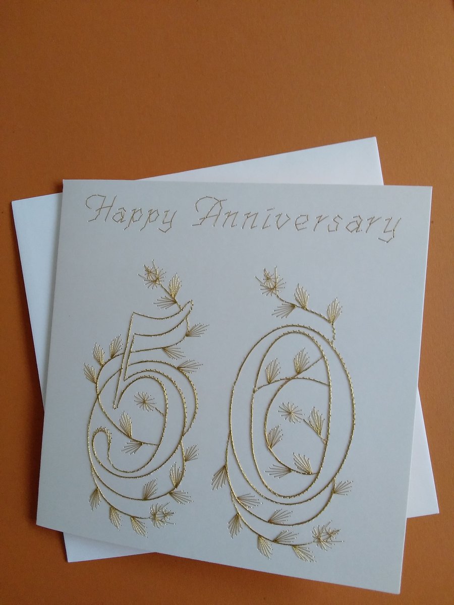 Hand Embroidered 50th Golden Wedding Anniversary Card.