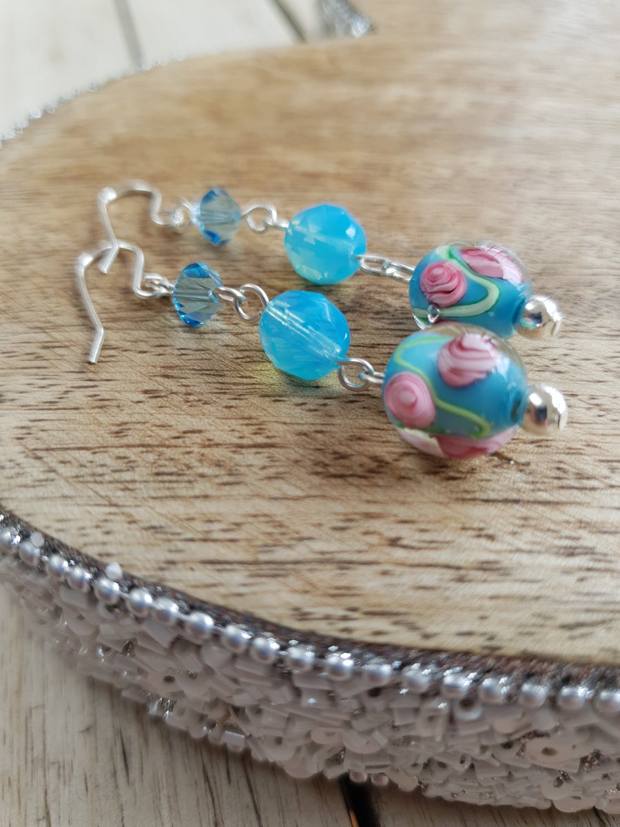 Lampwork & Swarovski Crystal Triple Stone Dangle Earrings - Blue Floral Swirl