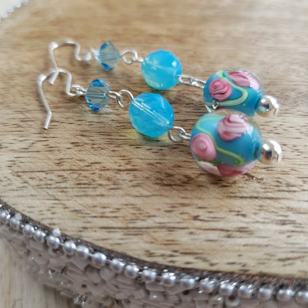 Lampwork & Swarovski Crystal Triple Stone Dangle Earrings - Blue Floral Swirl