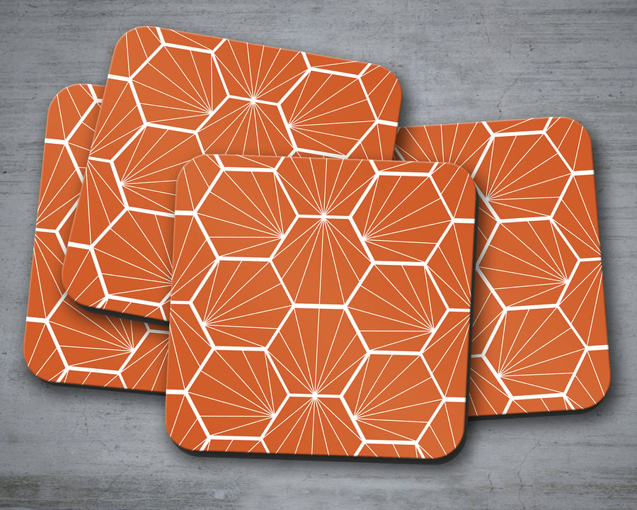 Set of 4 Orange with White Hexagon Geometric Design Coasters