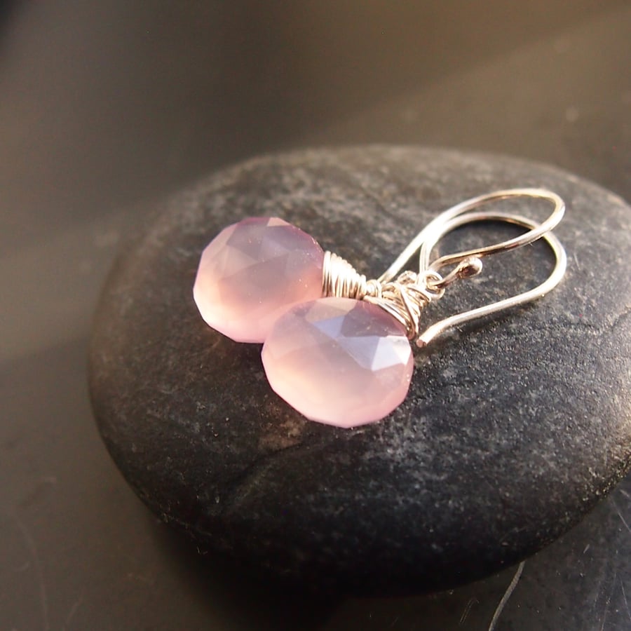 Sterling Silver Wrapped Rose Quartz Drop Earrings