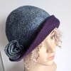 Felted wool cloche hat - duck egg with purple brim 